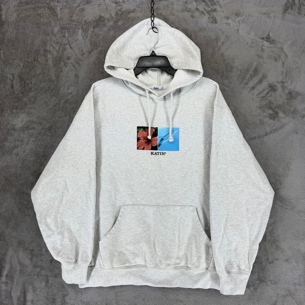 Katin Hoodie Mens Large Gray Pullover Graphic Hibiscus Flower Fleece Sweatshirt